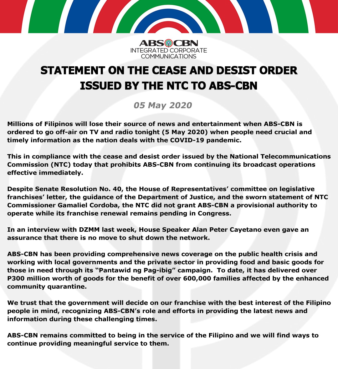 Statement on the cease and desist order issued by the NTC to ABS-CBN